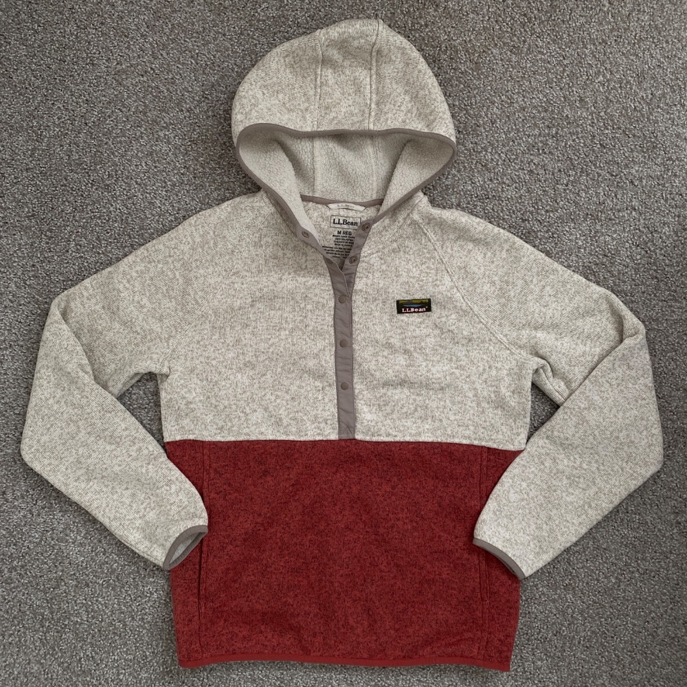 L.L.Bean Women's Sweater Fleece Pullover Hoodie Heather Red And Cream Size M - Picture 2 of 4